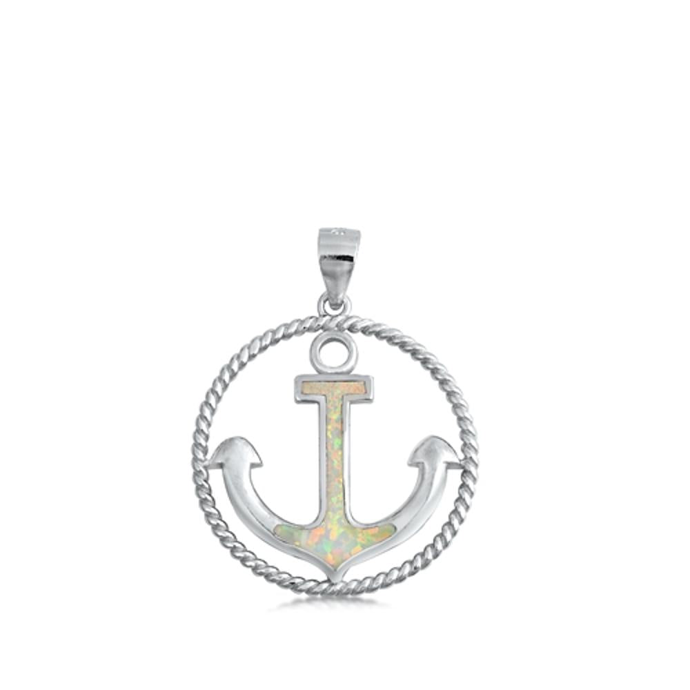 Sterling Silver White Synthetic Opal Rope Halo Anchor Pendant Nautical Charm 925