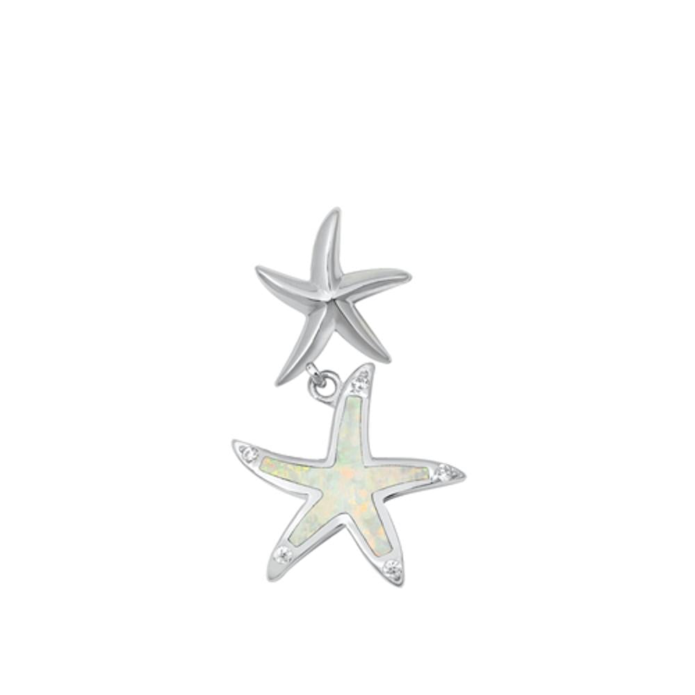 Sterling Silver White Synthetic Opal Starfish Dangle Pendant Sea Star Charm 925