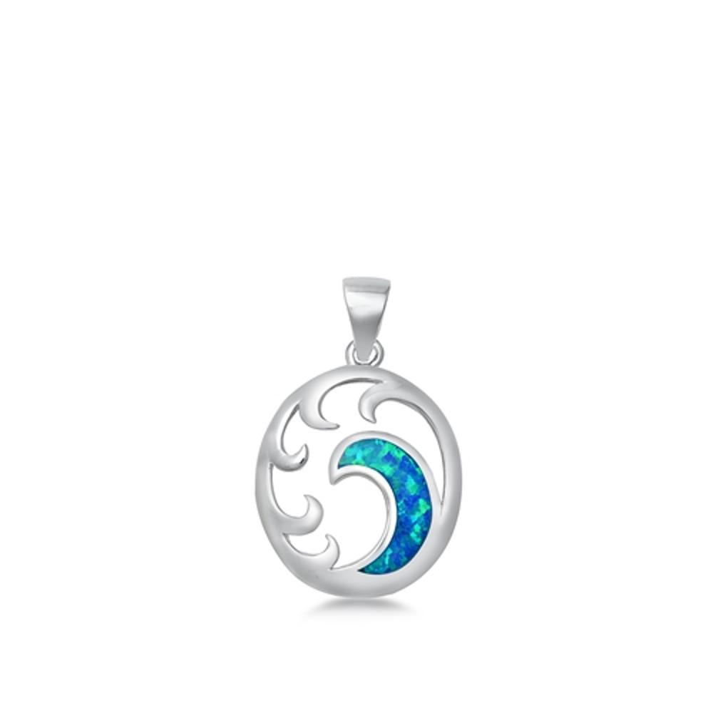 Sterling Silver Blue Synthetic Opal Ocean Pendant Wave Spiral Swirl Charm 925