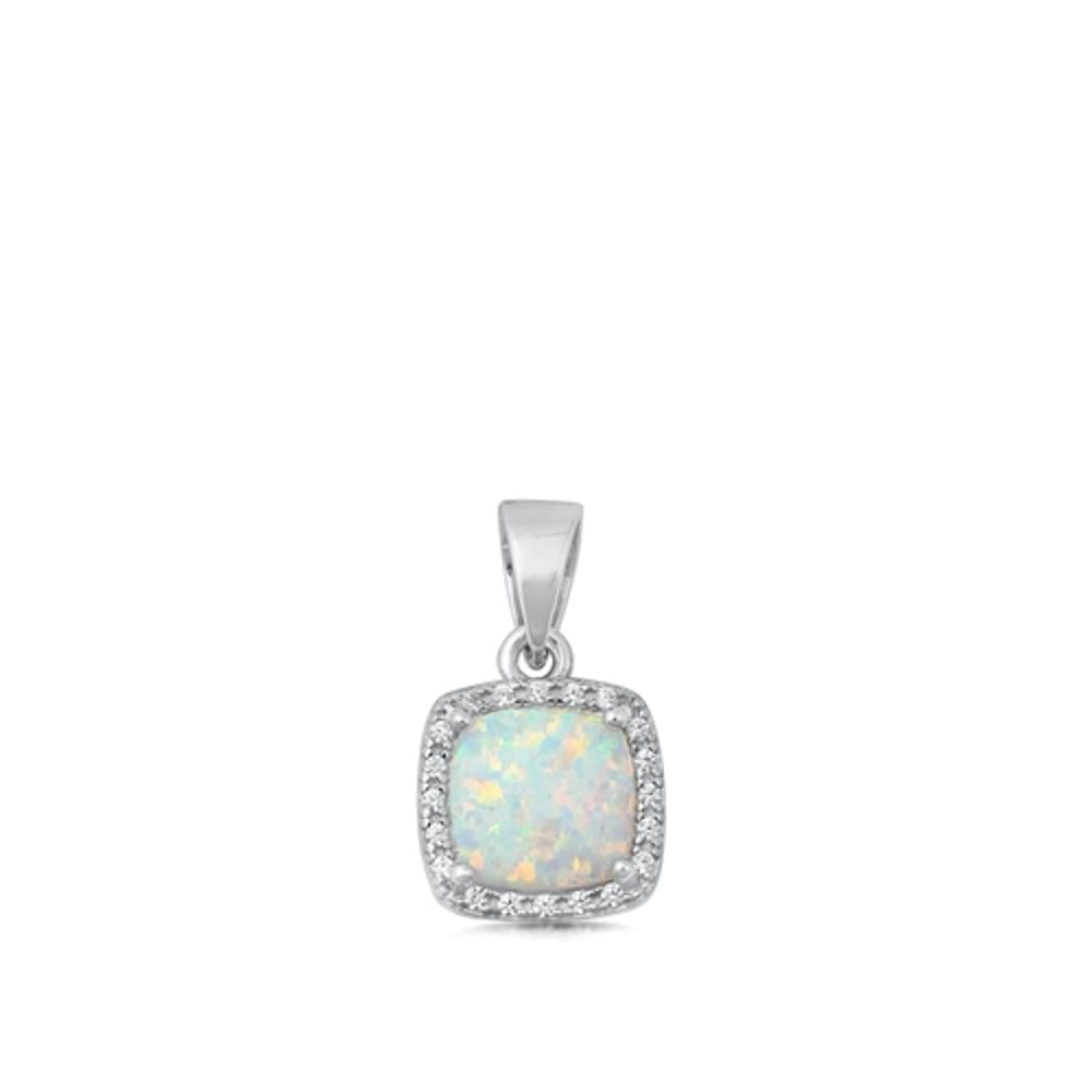 Sterling Silver White Synthetic Opal Pendant Classic Cushion Halo Charm 925 New