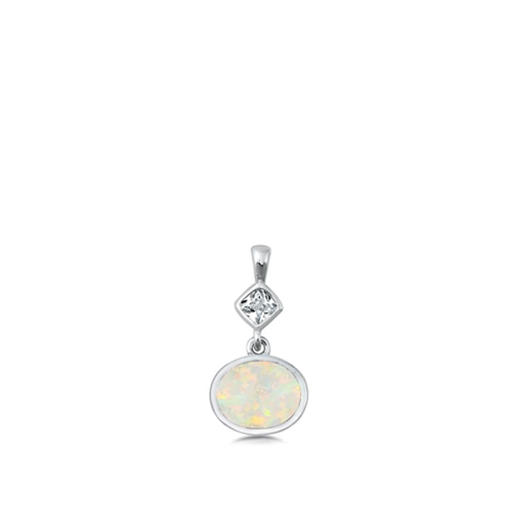 Sterling Silver White Synthetic Opal Dangle Pendant Round Statement Charm 925