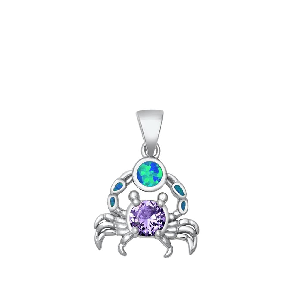 Sterling Silver Blue Synthetic Opal Zodiac Cancer Pendant Crab Animal Charm 925