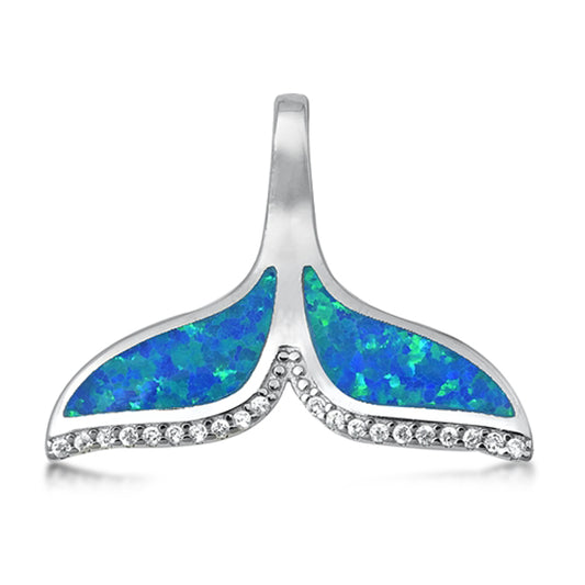 Sterling Silver Blue Synthetic Opal Clear CZ Whale Tail Pendant Ocean Charm 925