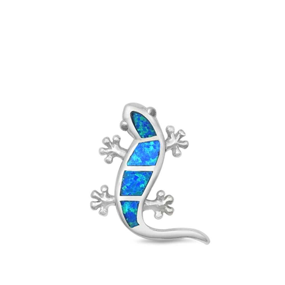 Sterling Silver Blue Synthetic Opal Lizard Pendant Gecko Tropical Charm 925 New