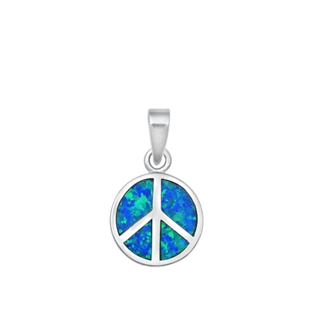 Sterling Silver Blue Synthetic Opal Peace Sign Pendant Classic Hippie Charm 925