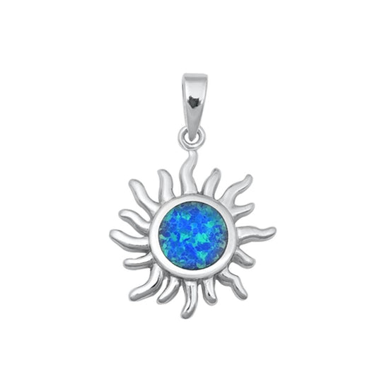 Sterling Silver Blue Synthetic Opal Modern Sun Pendant Burst Wavy Charm 925 New