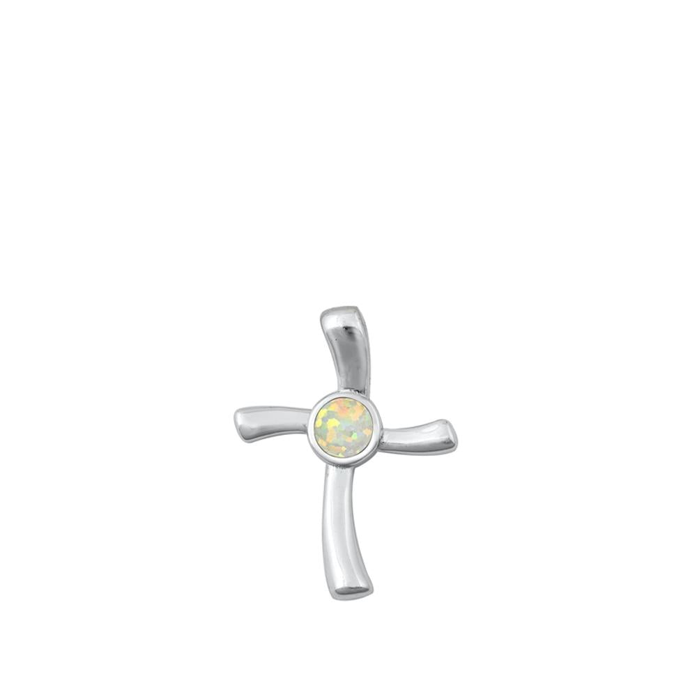 Sterling Silver White Synthetic Opal Wavy Cross Pendant Sideways Unique Charm