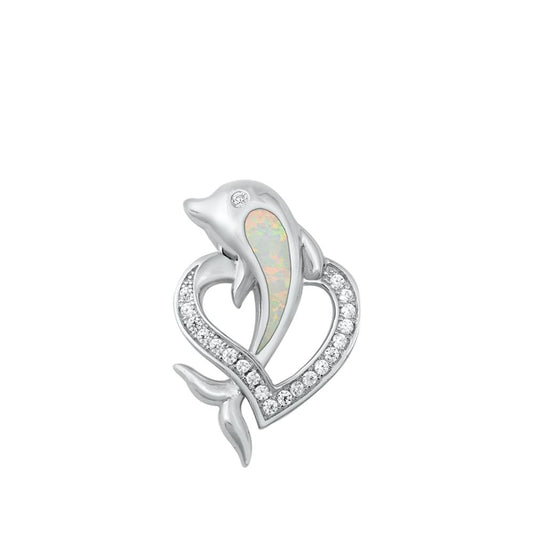 Sterling Silver White Synthetic Opal Dolphin Pendant Heart Ocean Love Charm 925