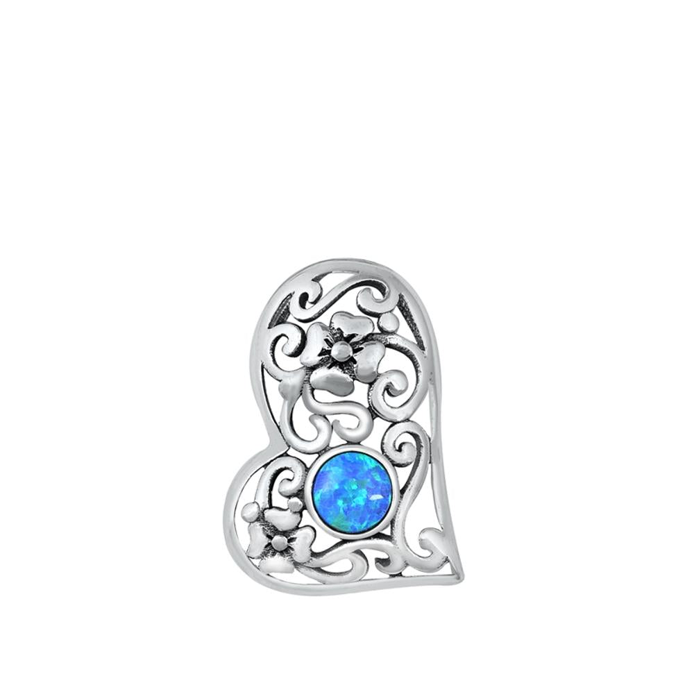 Sterling Silver Blue Synthetic Opal Filigree Swirl Heart Pendant Slider Charm