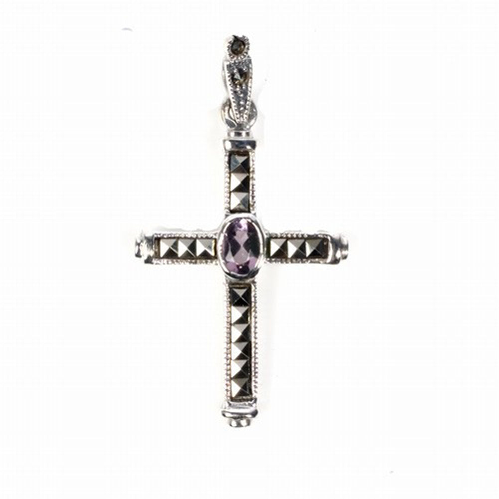 Sterling Silver Gothic Cross Pendant Victorian Vintage Style Marcasite Charm 925