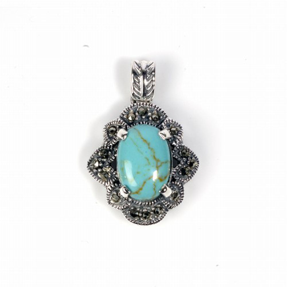 Sterling Silver Elegant Vintage Turquoise Pendant Marcasite Cluster Charm 925