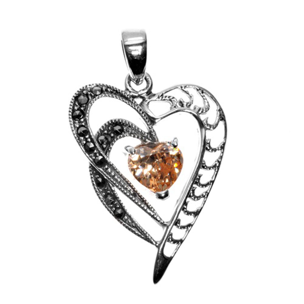 Sterling Silver Double Heart Champagne CZ Marcasite Pendant Fantasy Charm 925