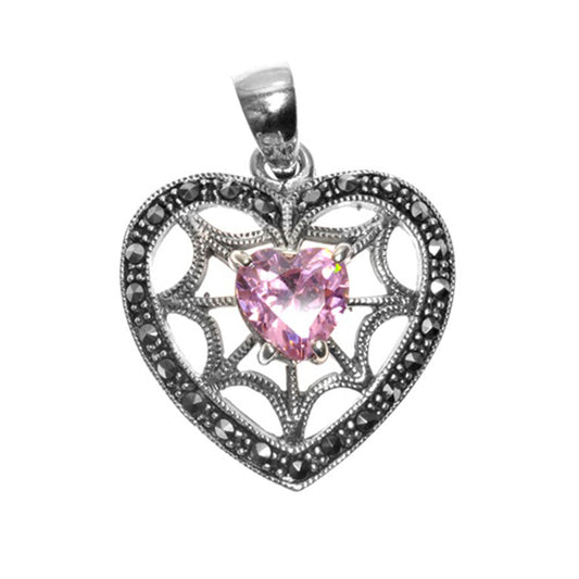 Spider Web Promise Heart Pendant Pink Simulated CZ .925 Sterling Silver Charm