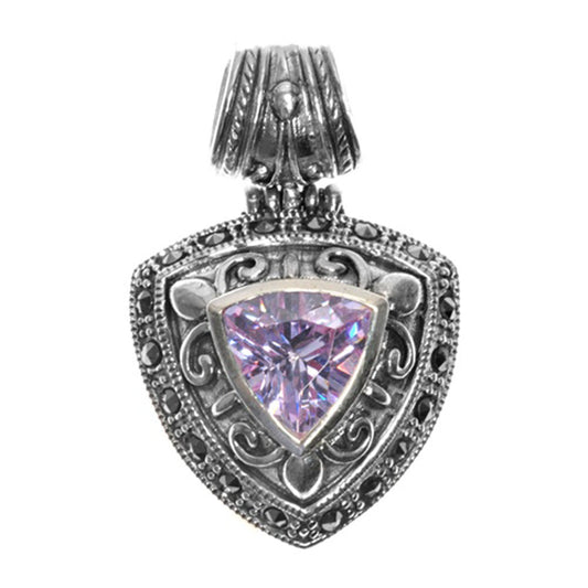 Medieval Shield Pendant Simulated Lavender .925 Sterling Silver Ornate Charm