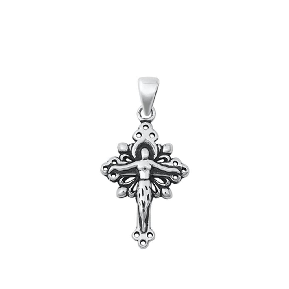 Crucifix Ornate Floral Cross Pendant .925 Sterling Silver Jesus Vintage Charm