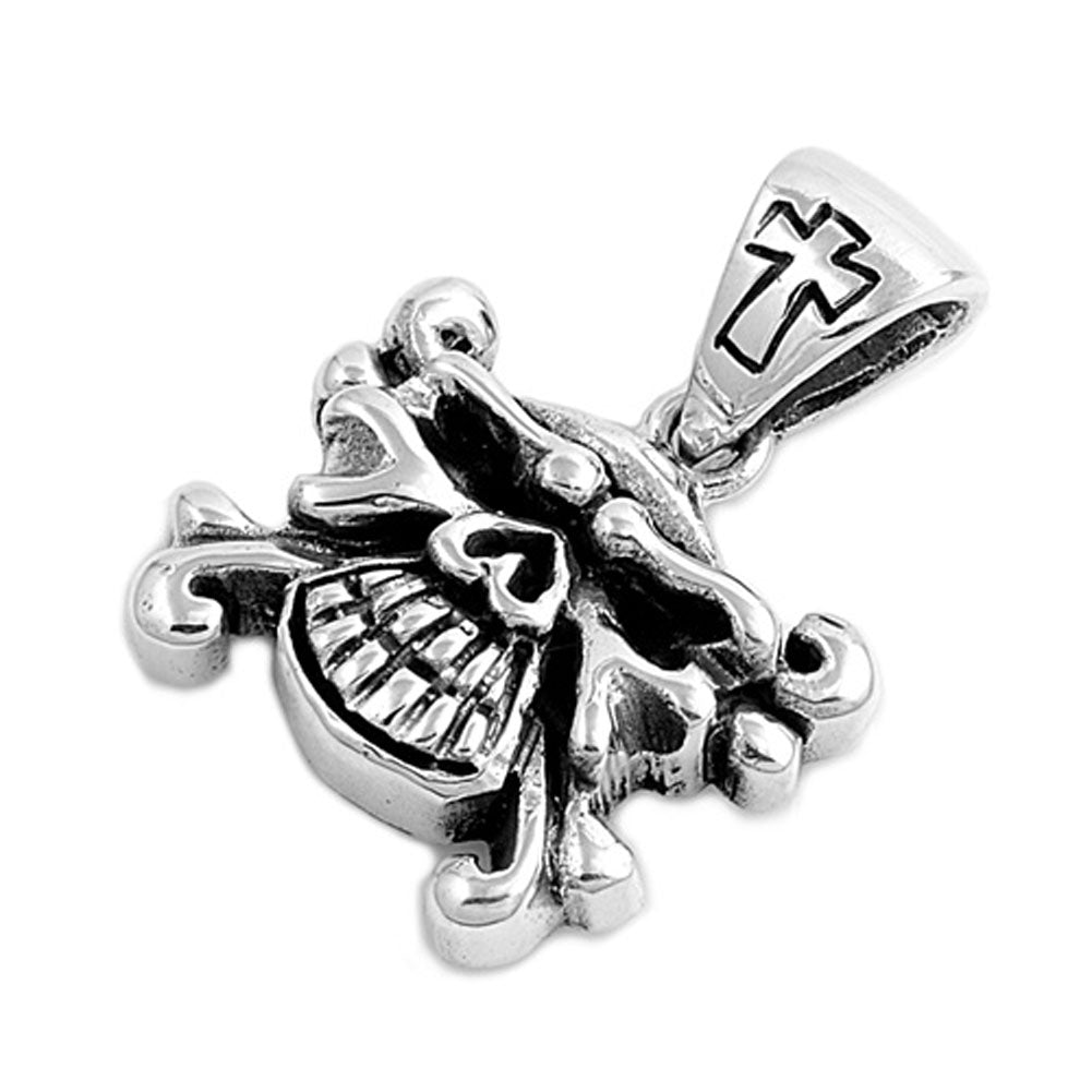 Cross Chunky Bold Skull Pendant .925 Sterling Silver Biker Moustache Charm