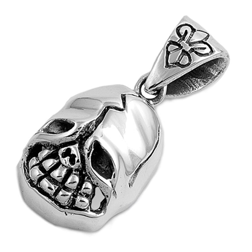 Fleur De Lis Cracked Skull Pendant .925 Sterling Silver Biker Grin Smile Charm