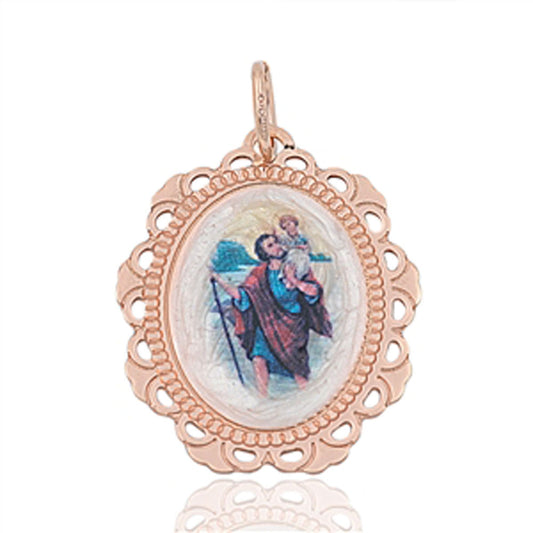 Rose Gold-Tone St. Joseph Scalloped Medallion Pendant .925 Sterling Silver Charm