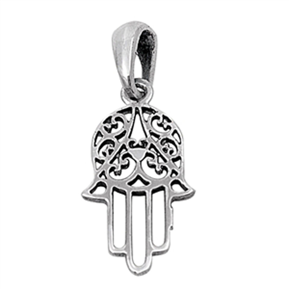 Hamsa Hand of God Pendant .925 Sterling Silver Filigree Swirl Heart Henna Charm