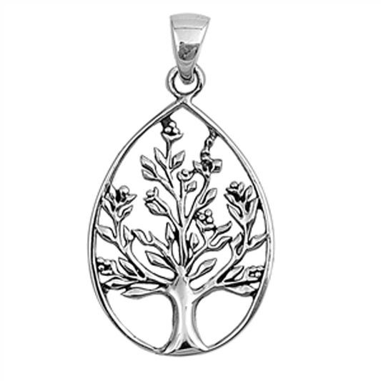 Sterling Silver Elegant Blooming Tree of Life Pendant Blossom Teardrop Charm 925