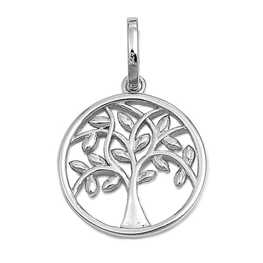 Circle Tree of Life Hoop Pendant .925 Sterling Silver Cutout Leaf Branch Charm