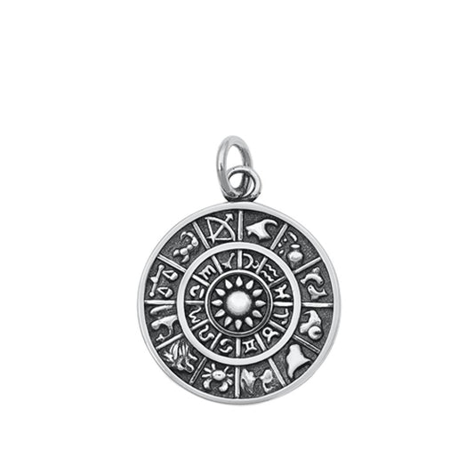 Detailed Oxidized Zodiac Calendar Pendant .925 Sterling Silver Sun Sign Charm