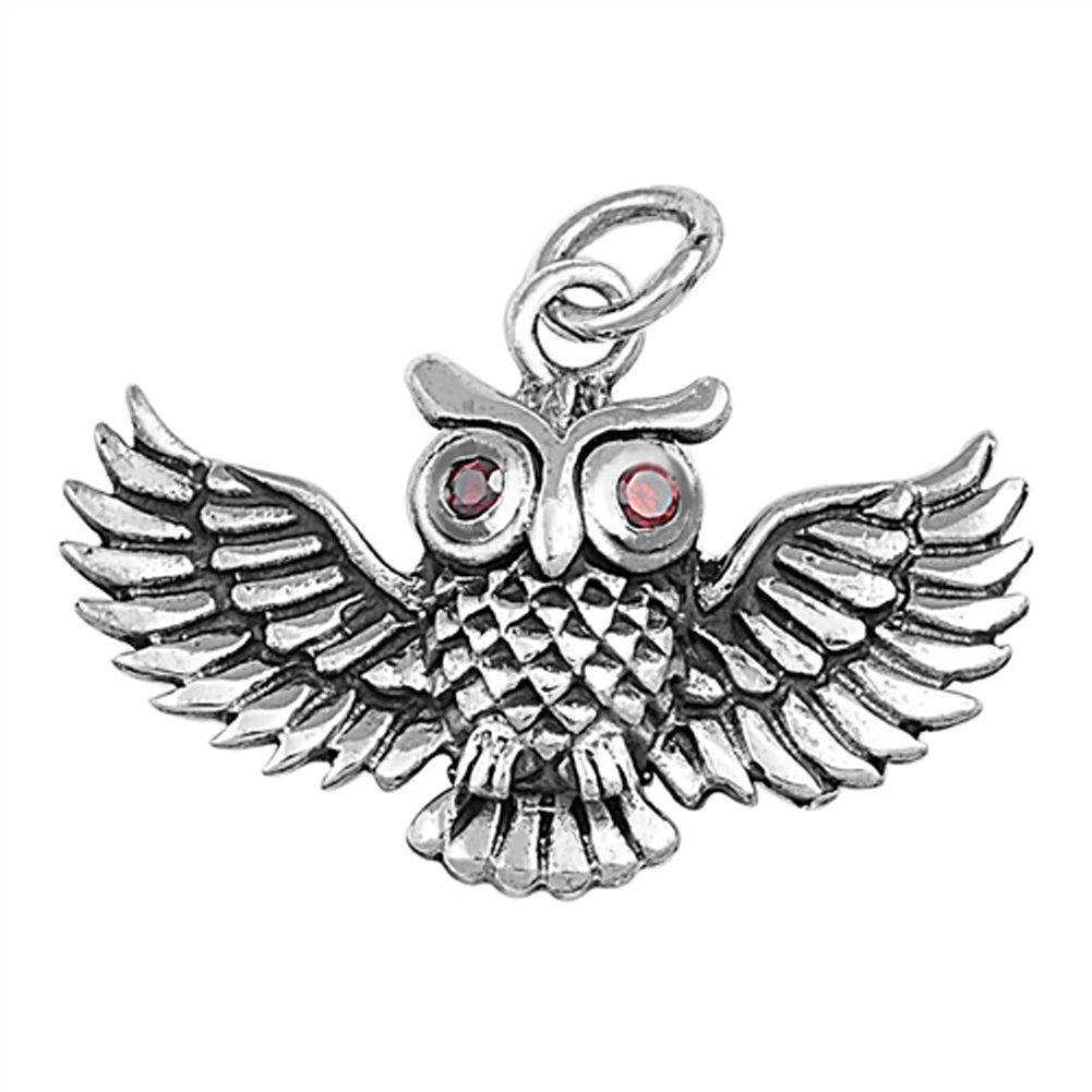 Sterling Silver Open Wing Intricate Realistic Owl Pendant Simulated Garnet Charm