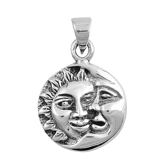 Circle Sun Moon Pendant .925 Sterling Silver Detailed Faces Celestial Charm