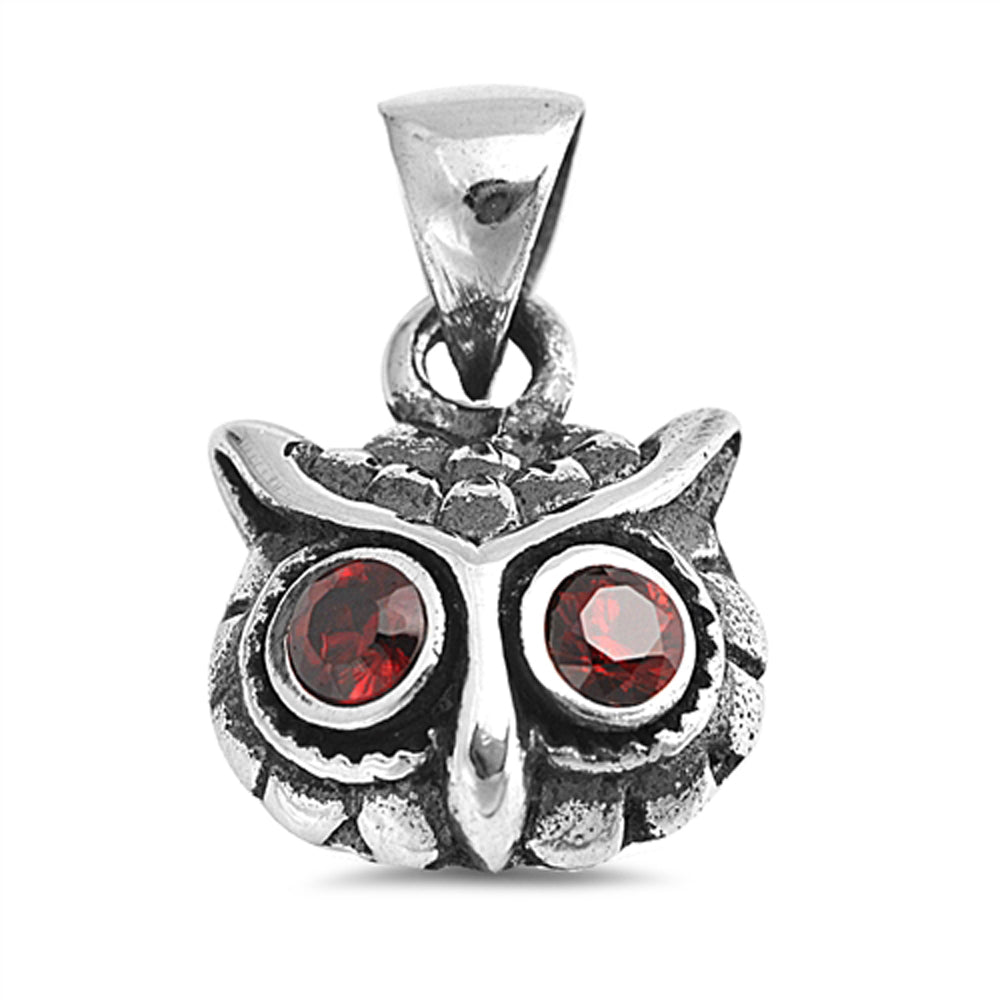 Sterling Silver Big Eye Owl Pendant Garnet CZ Animal Nature Wildlife Charm 925