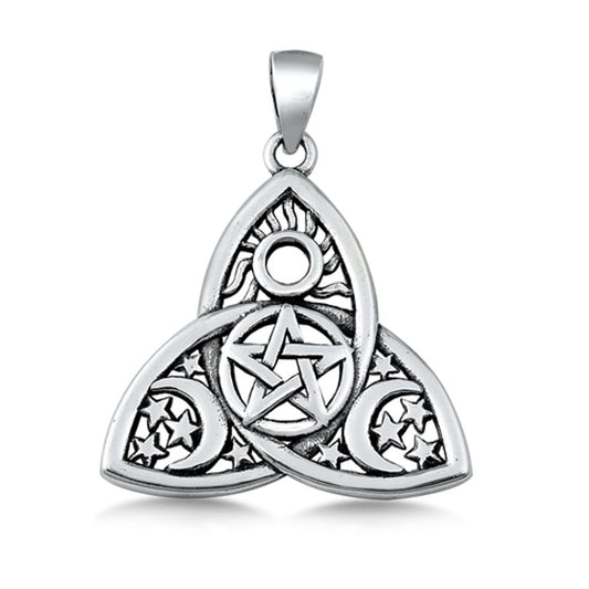 Sterling Silver Unique Pentagram Triquetra Pendant Crescent Moon Star Sun Charm