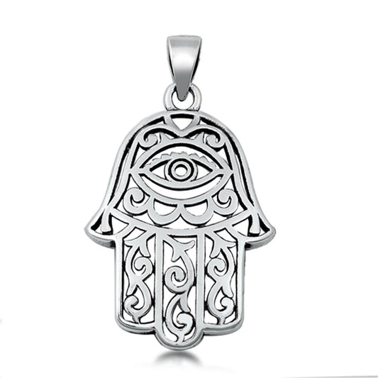 Sterling Silver Ornate Hamsa Hand Pendant Filigree Swirl Spiral Evil Eye Charm