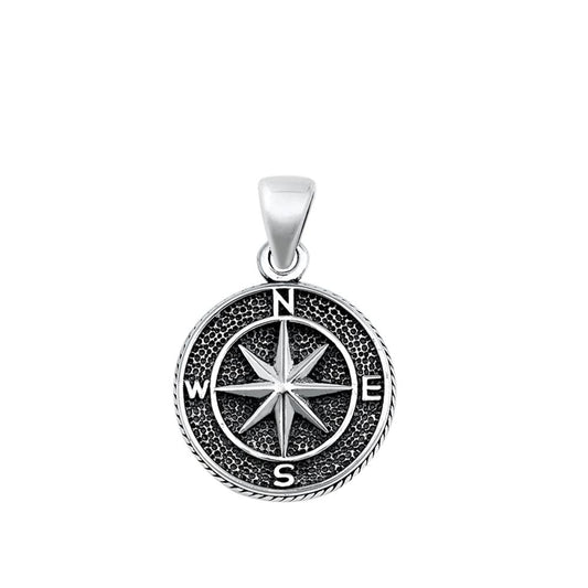 Sterling Silver Detailed Compass Rose Pendant North East South West Circle Charm