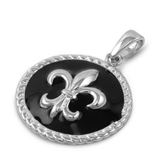 Fleur De Lis Pendant Black Simulated Onyx .925 Sterling Silver Lily Rope Charm