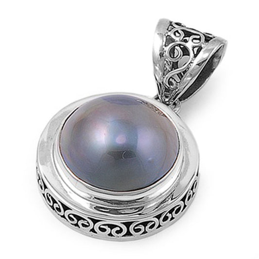 Bali Swirl Circle Pendant Simulated Pearl .925 Sterling Silver Polished Charm