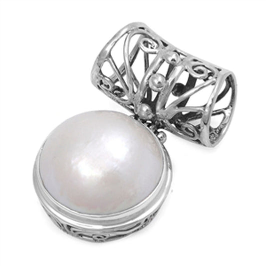 Sterling Silver Elegant Filigree Swirl Slider Pendant Simulated Pearl Charm