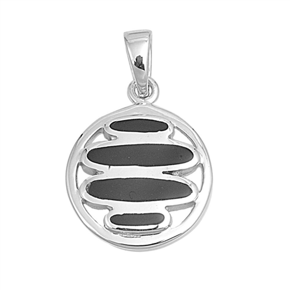 Circle Repeating Oval Pendant Black Simulated Onyx .925 Sterling Silver Charm