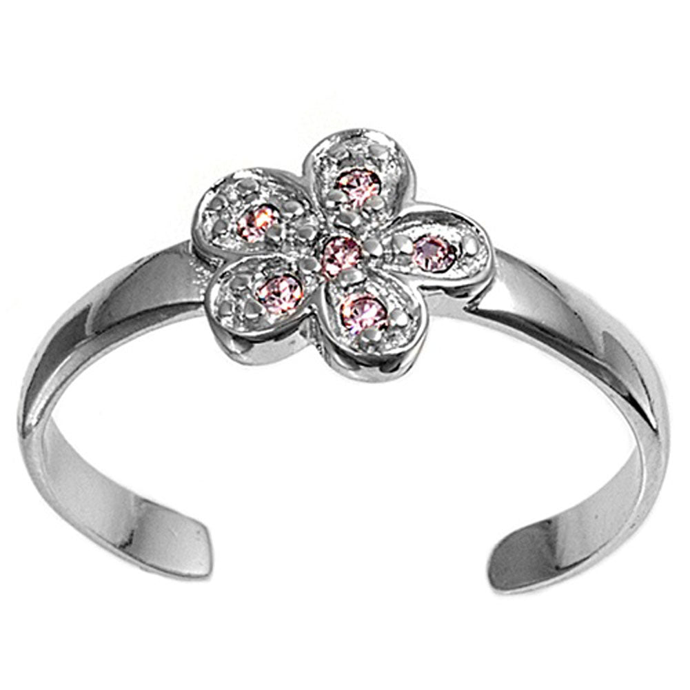 Flower Pink Simulated CZ .925 Sterling Silver Toe Ring