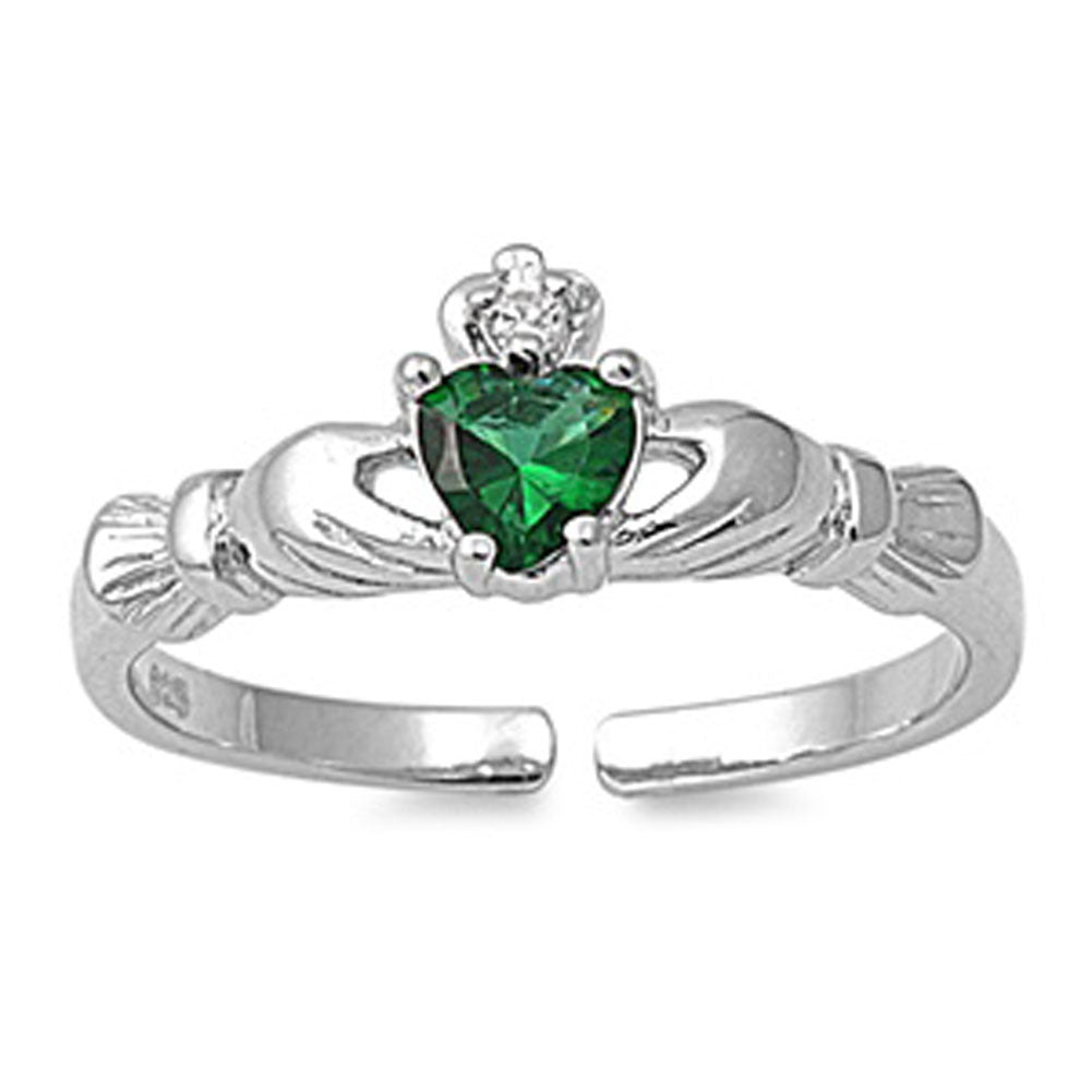 Heart Solitaire Claddagh Simulated Emerald Clear Simulated CZ .925 Sterling Silver Toe Ring