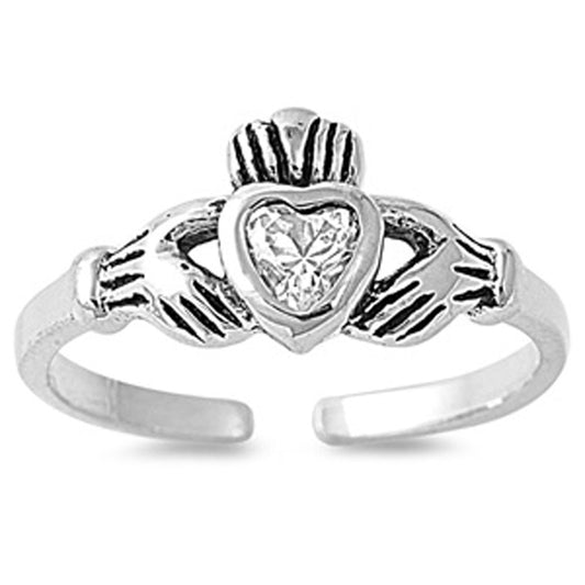 Heart Solitaire Claddagh Clear Simulated CZ .925 Sterling Silver Toe Ring