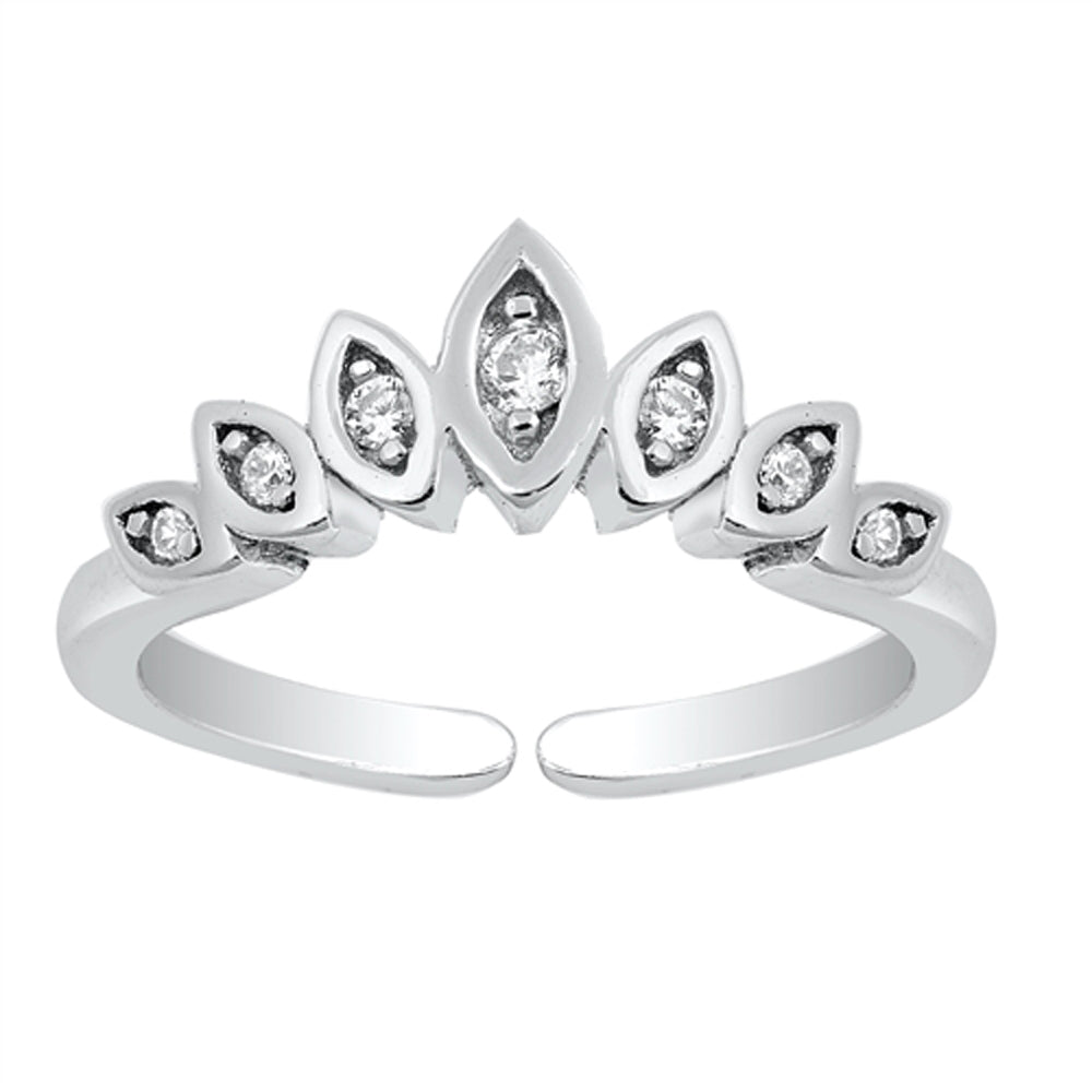 Sterling Silver Cute Clear CZ Tiara Toe Ring High Polish Adjustable Midi Band