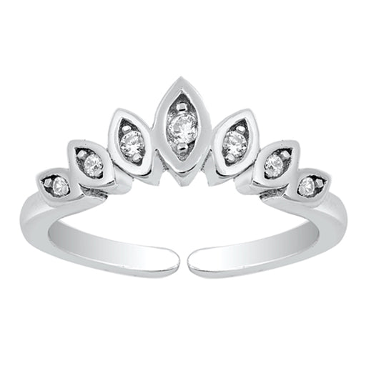 Sterling Silver Cute Clear CZ Tiara Toe Ring High Polish Adjustable Midi Band