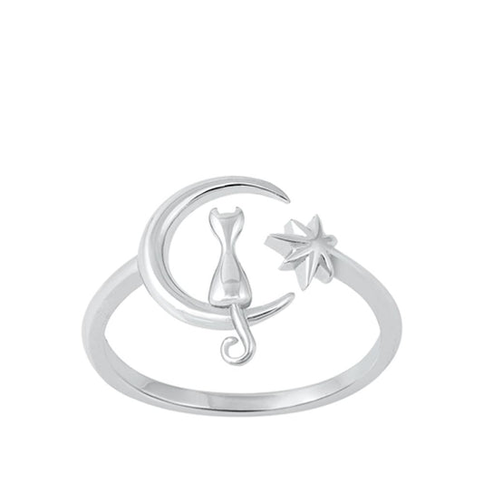 Sterling Silver Fashion Cat Moon Star Ring Cute Adjustable Midi Band 925 New