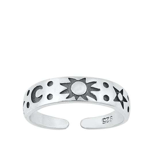 Cute Oxidized Sun Star Moon Toe Ring Sterling Silver Adjustable Midi Band 925