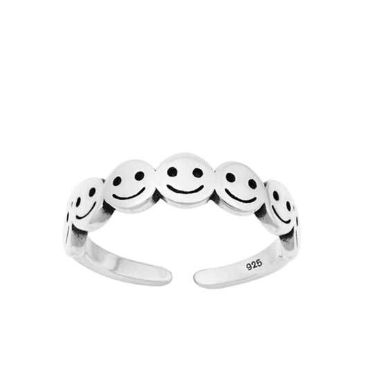 Sterling Silver Oxidized Smiley Face Toe Midi Ring Adjustable Band .925 New