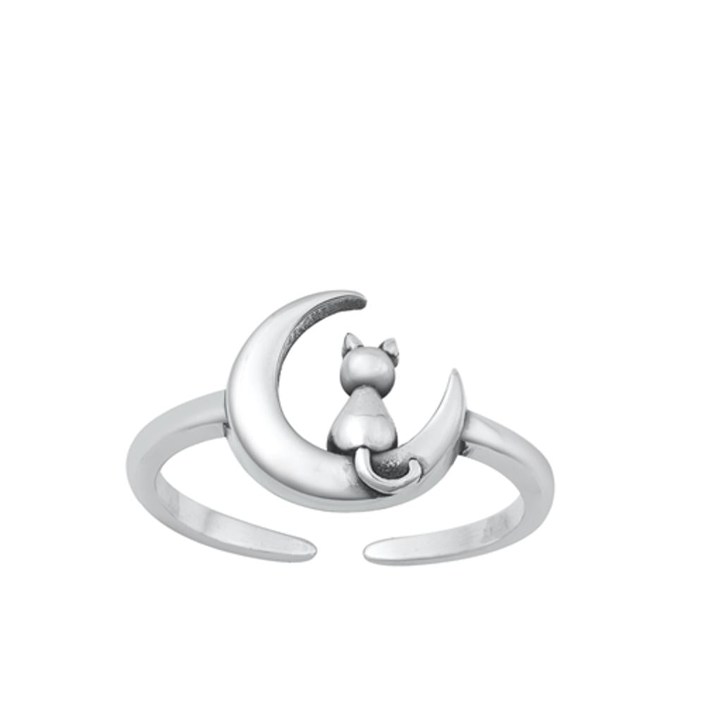 Sterling Silver Fashion Oxidized Cute Cat On Moon Toe Midi Ring .925 New Band