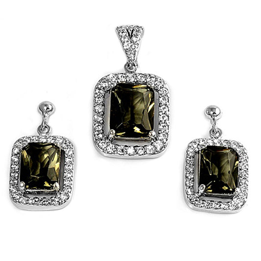 Halo Rectangle Earrings Olive Green Simulated CZ Clear Simulated CZ .925 Sterling Silver Pendant Set