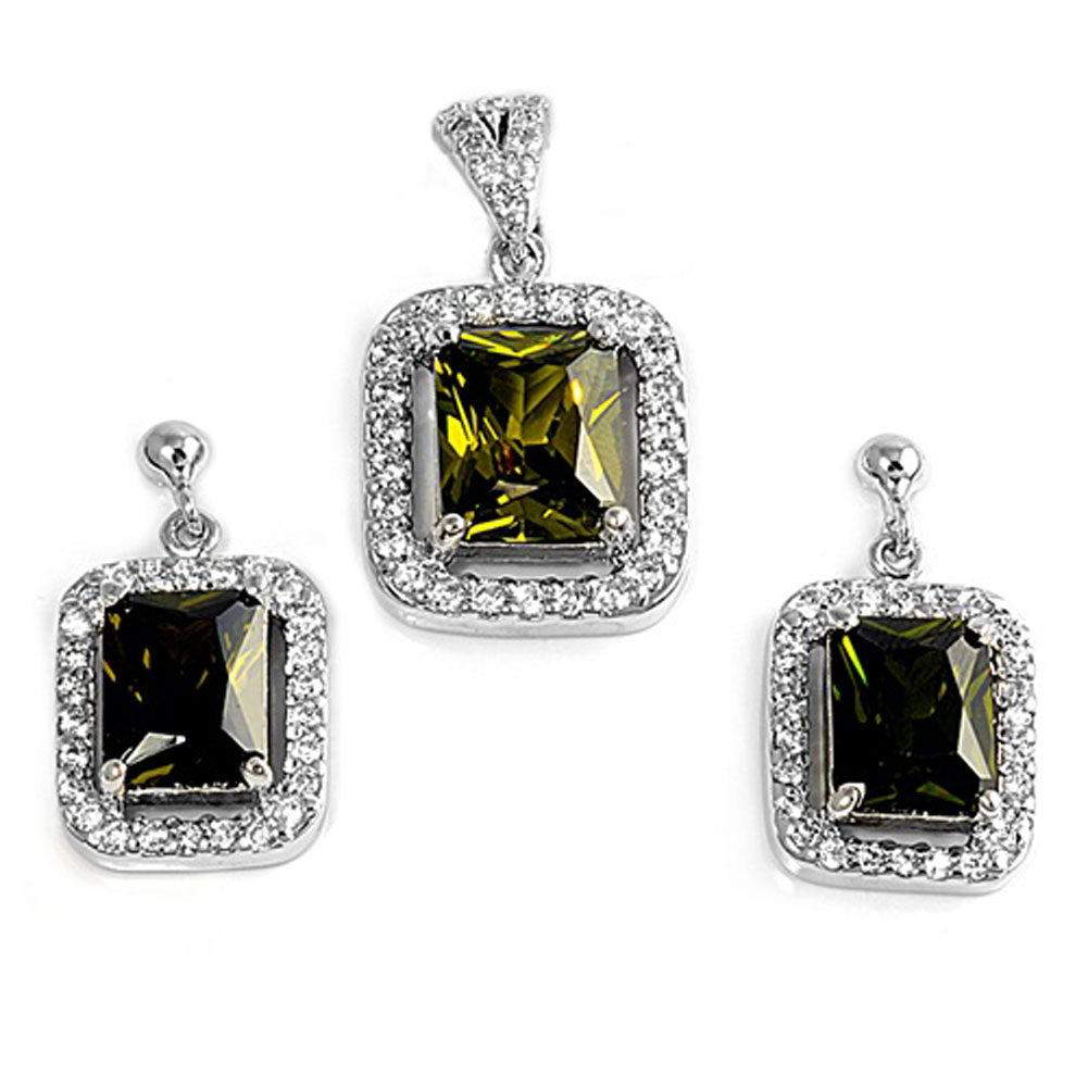 Halo Rectangle Earrings Olive Green Simulated CZ Clear Simulated CZ .925 Sterling Silver Pendant Set