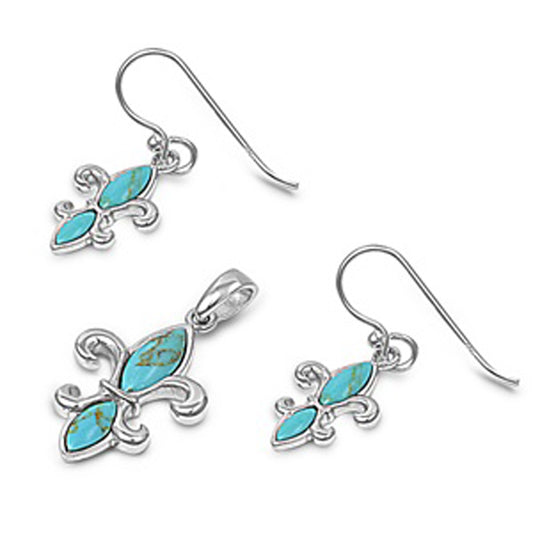 High Polish Fleur De Lis Shiny Flower .925 Sterling Silver Blossom Bloom Earrings Pendant Set