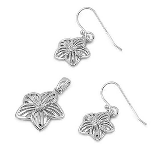 Flower Earrings Clear Simulated CZ .925 Sterling Silver Pendant Set