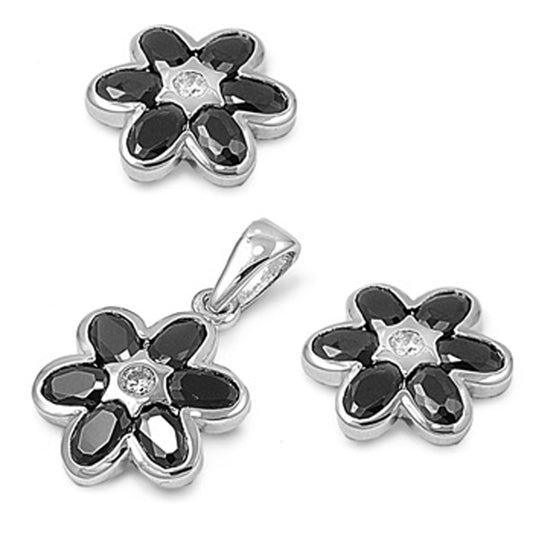 Flower Earrings Black Simulated CZ Clear Simulated CZ .925 Sterling Silver Pendant Set